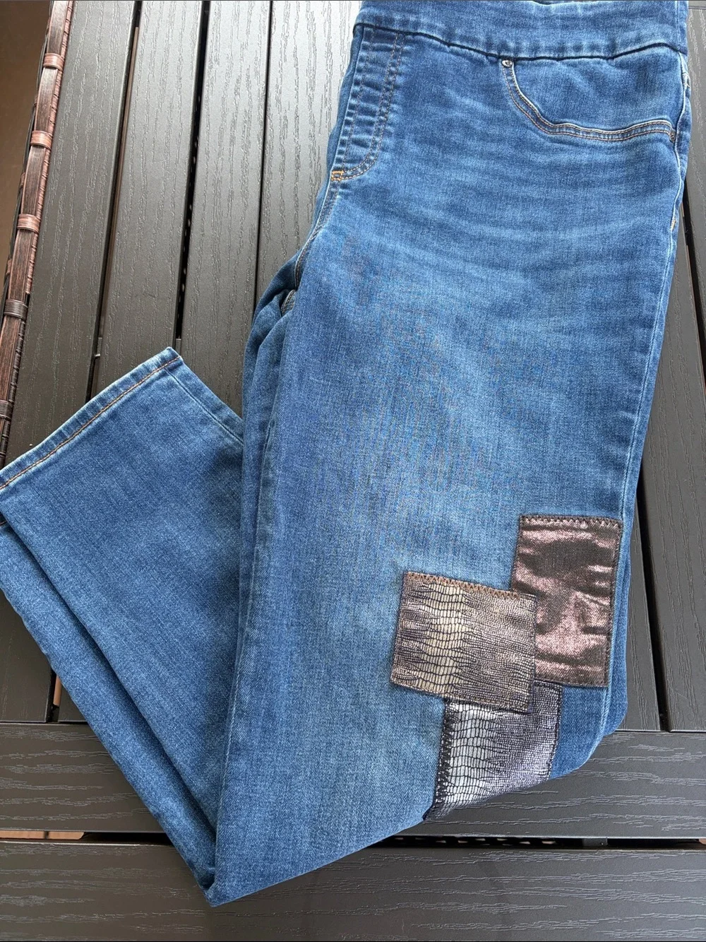Chico's Dark Blue Skinny Jeggings with Metallic Patch Accents